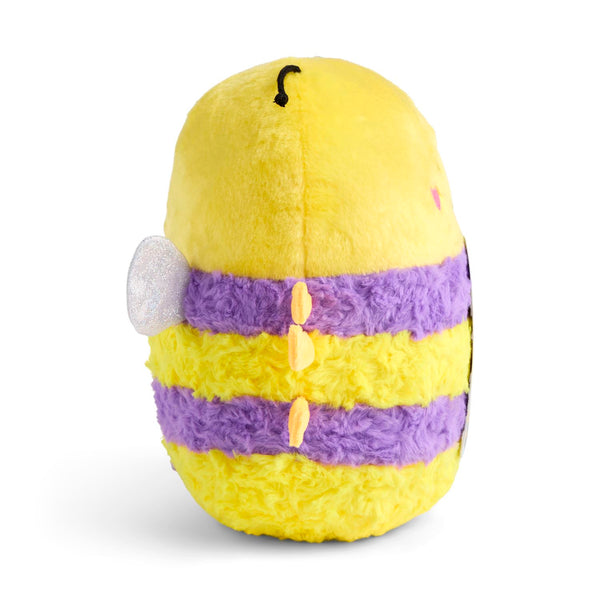 A yellow and purple striped fuzzy plush toy  bee character with little wings, side profile shown on a clean white background.